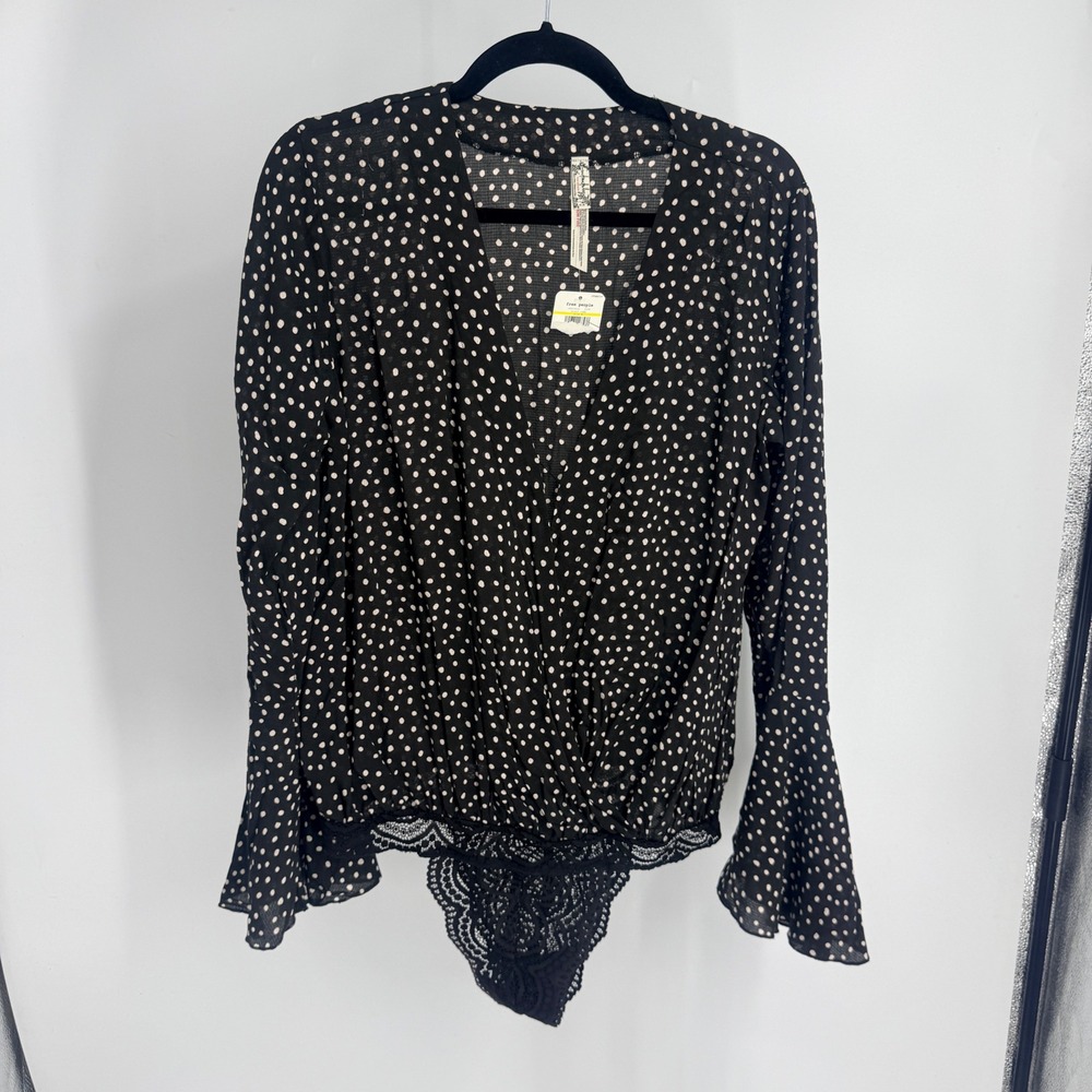 Intimately Free People Polka Dot Wrap Bodysuit Black White Bell Sleeve M FLAW